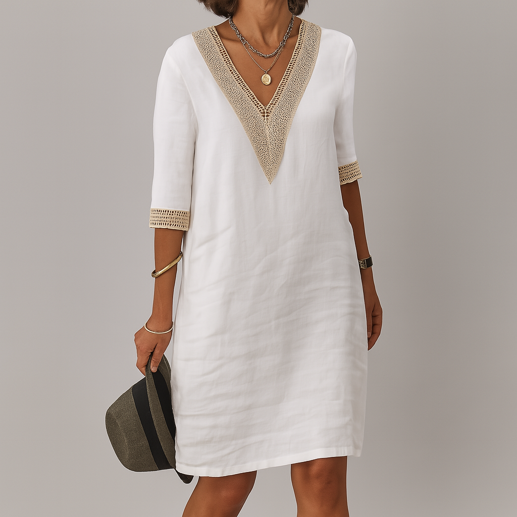 Elegant women's crochet trim V-neck casual dress, perfect for summer and daytime wear.