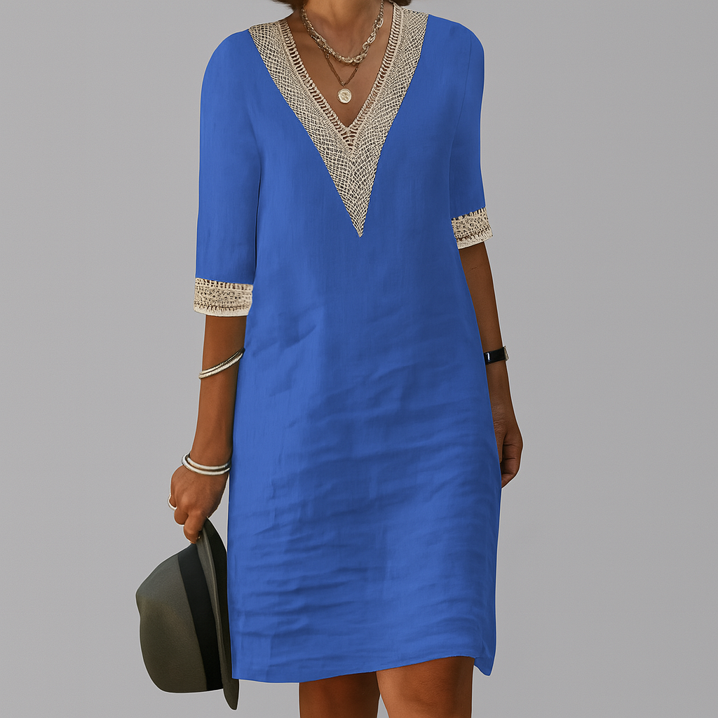 Chic women's V-neck casual dress with elegant crochet trim, ideal for holidays and daily wear.