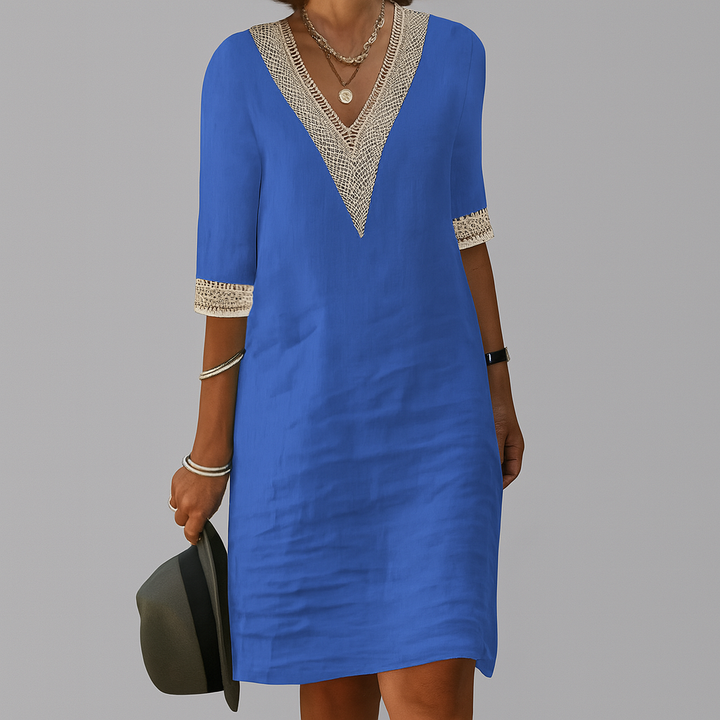 Chic women's V-neck casual dress with elegant crochet trim, ideal for holidays and daily wear.