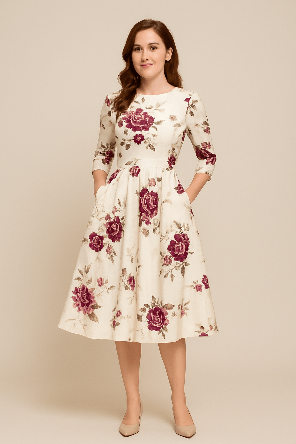 Women's elegant floral A-line midi cocktail dress for parties, featuring puffed sleeves & round neck.