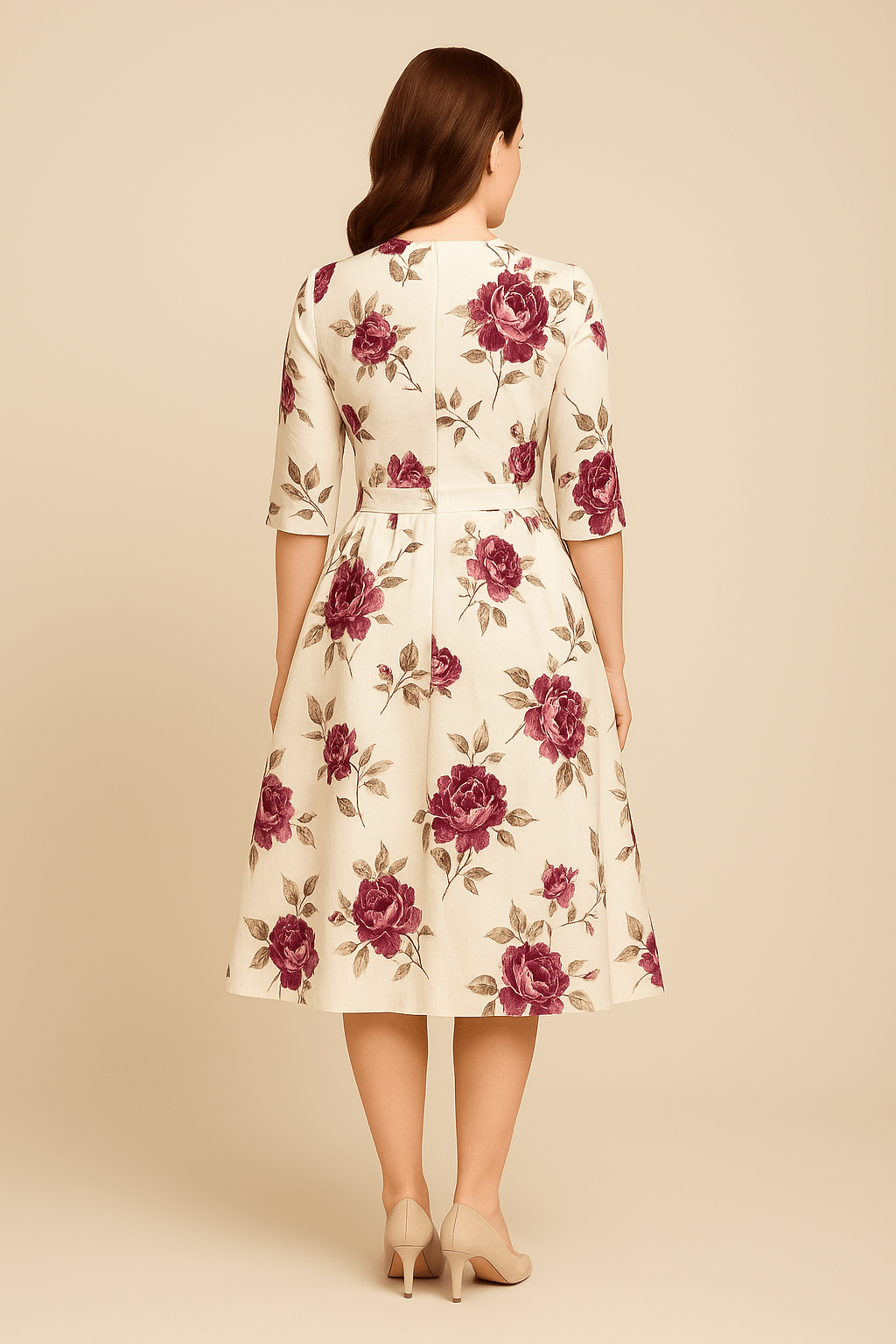 Stylish women's A-line midi cocktail dress with vibrant floral print, puffed sleeves & round neck. Perfect for parties.