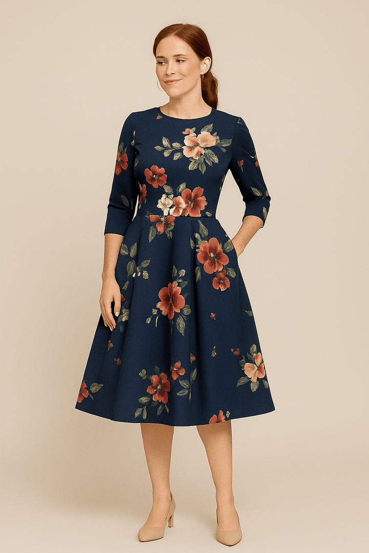 Floral print A-line midi dress for women, elegant cocktail party attire with comfortable round neck & puffed sleeves.