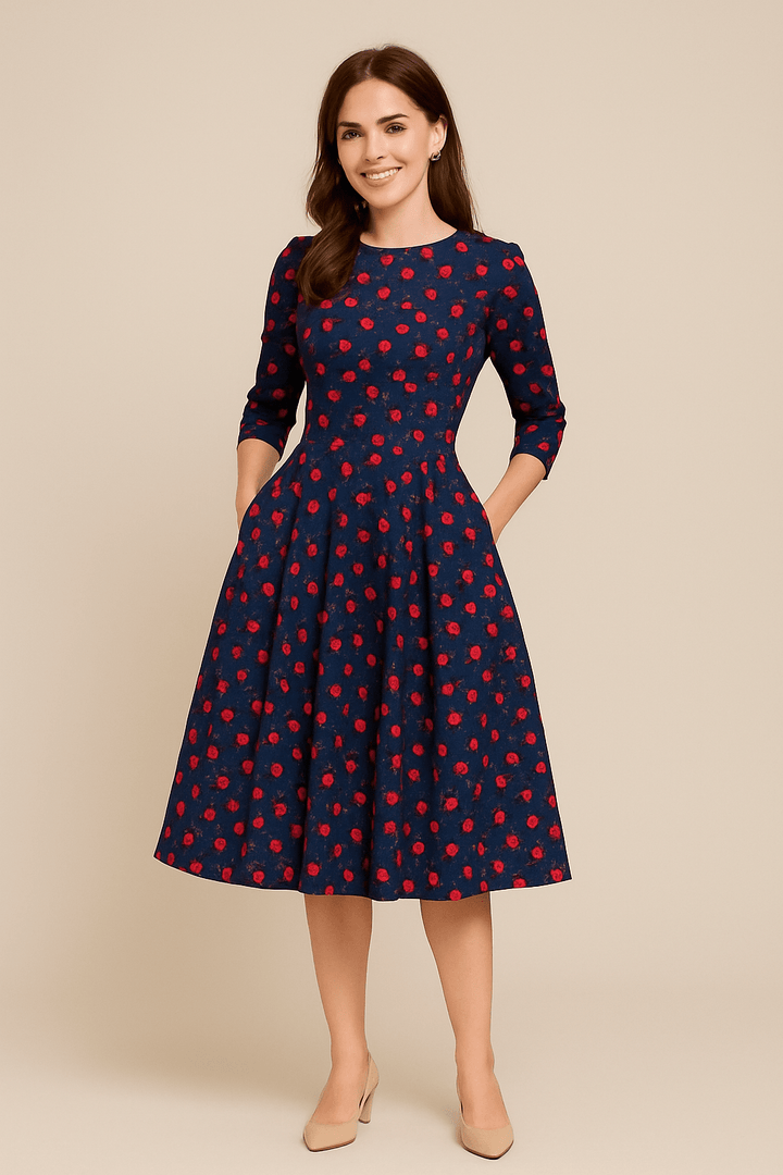 Luxurious floral A-line midi cocktail dress for women. Features elegant puffed sleeves, round neck. Ideal for evening parties.