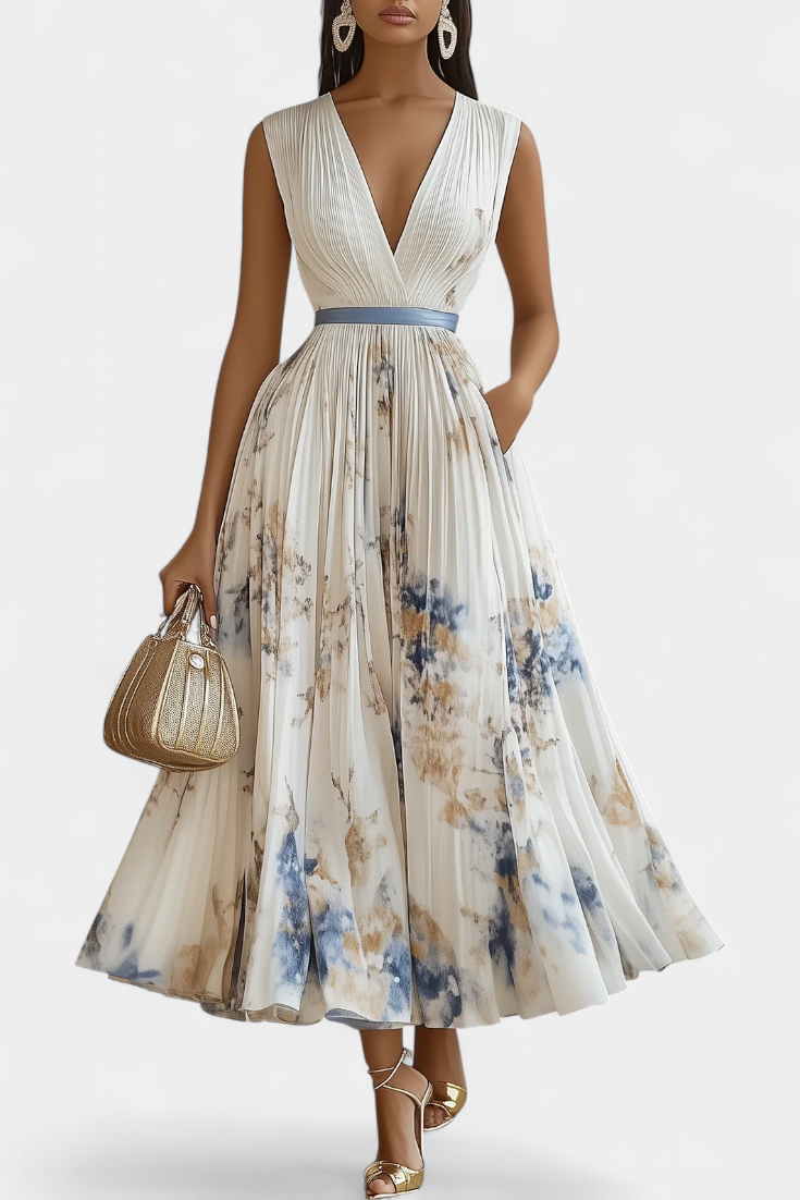 Elegant women's pleated floral midi dress, perfect for races, garden parties & summer events. A-line V-neck design.