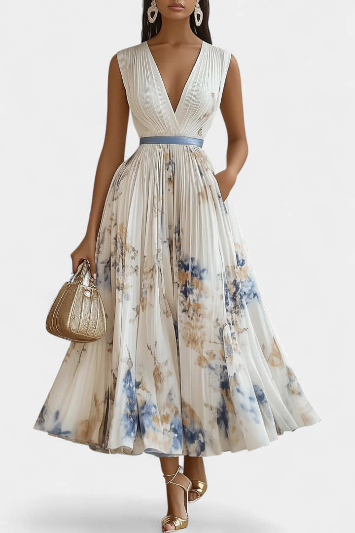 Elegant women's pleated floral midi dress, perfect for races, garden parties & summer events. A-line V-neck design.