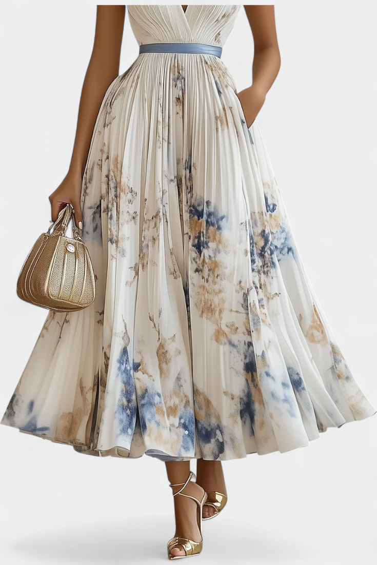 Stylish women's V-neck pleated floral midi dress for summer events & races. Elegant A-line silhouette, comfortable.