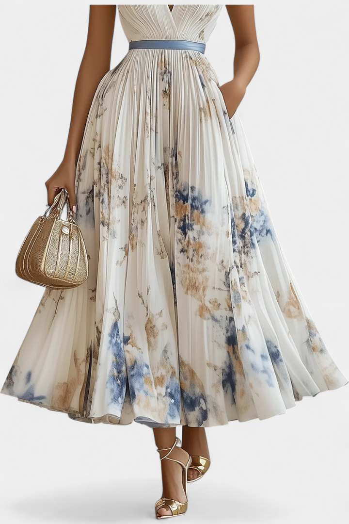 Stylish women's V-neck pleated floral midi dress for summer events & races. Elegant A-line silhouette, comfortable.