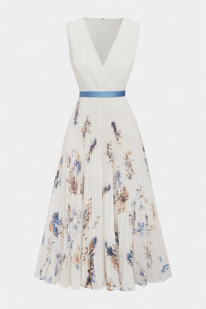 Vibrant women's pleated floral midi dress, a chic choice for summer races, garden parties & elegant events.