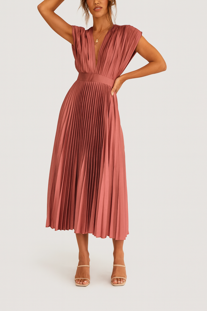 Elegant women's V-neck pleated midi dress in a flowing fabric, perfect for special occasions & formal events.