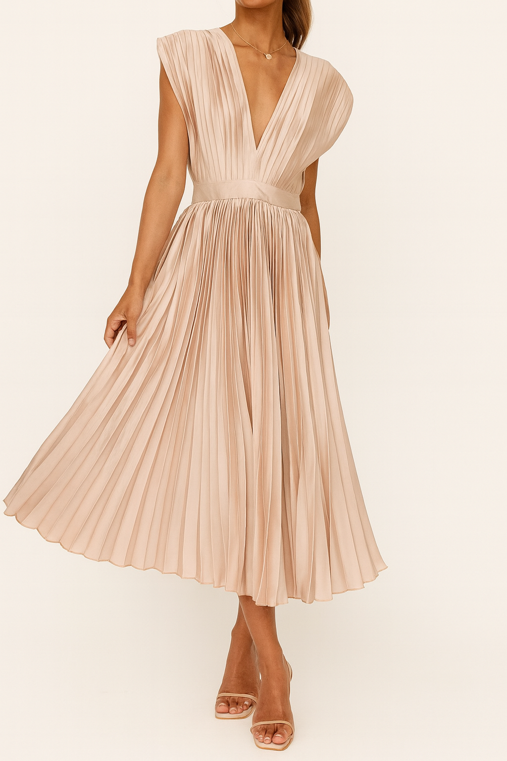 Chic V-neck pleated midi dress for women, ideal for cocktail parties, race day, or elegant special occasions.