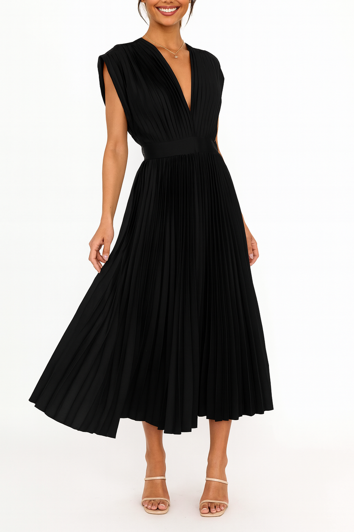 Sophisticated women's pleated V-neck midi dress, perfect for race day fashion, weddings, or formal parties.