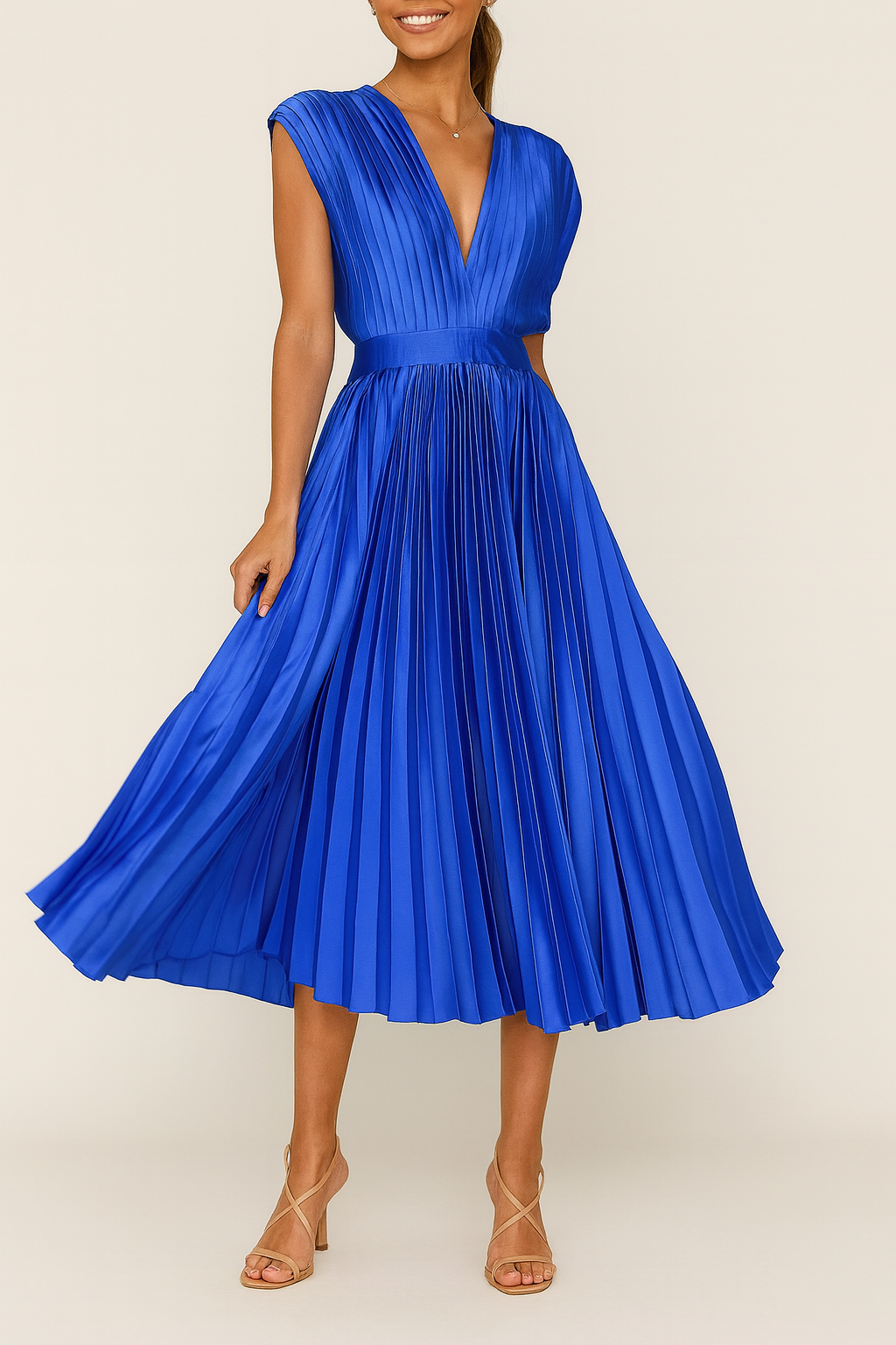 Women's elegant V-neck midi dress featuring flattering pleats, versatile for formal, cocktail, or party wear.