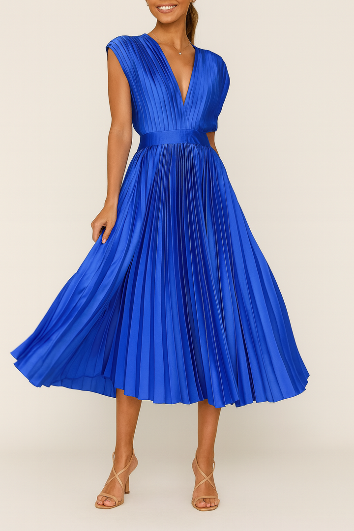 Women's elegant V-neck midi dress featuring flattering pleats, versatile for formal, cocktail, or party wear.