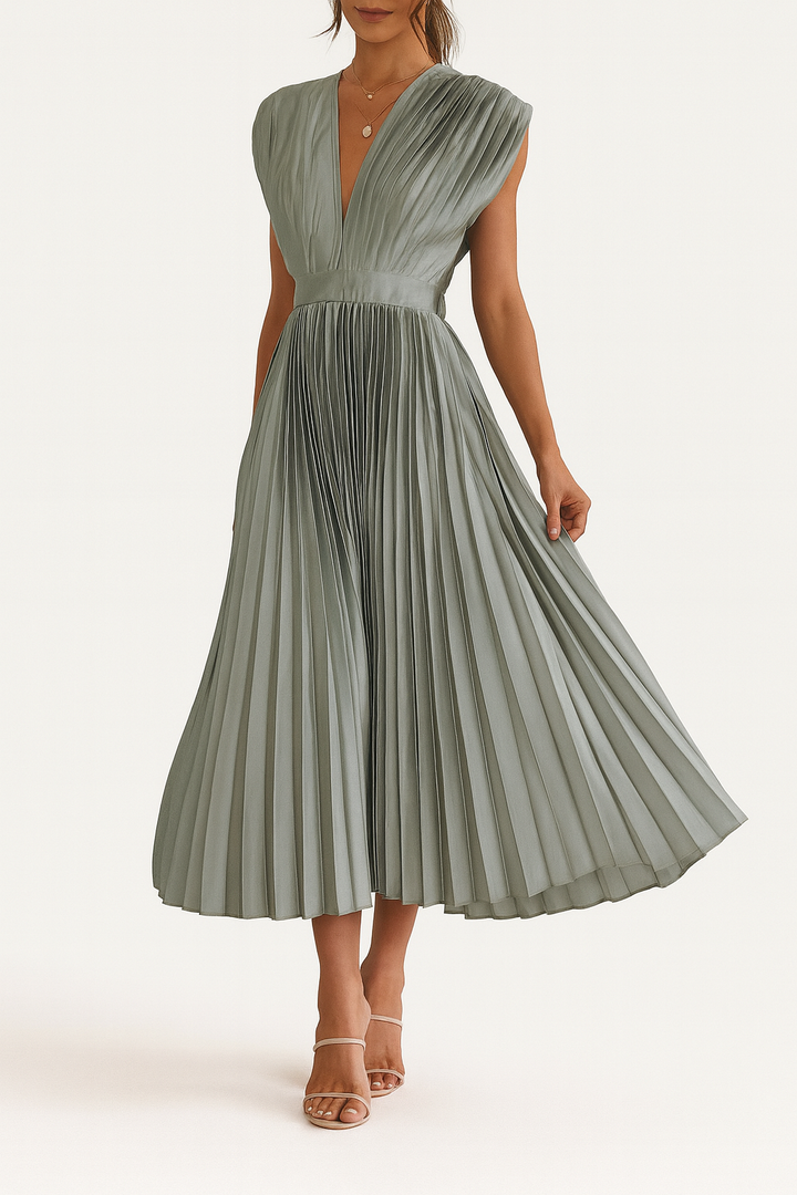 Fashionable women's V-neck pleated midi dress, an elegant choice for special occasions and sophisticated events.