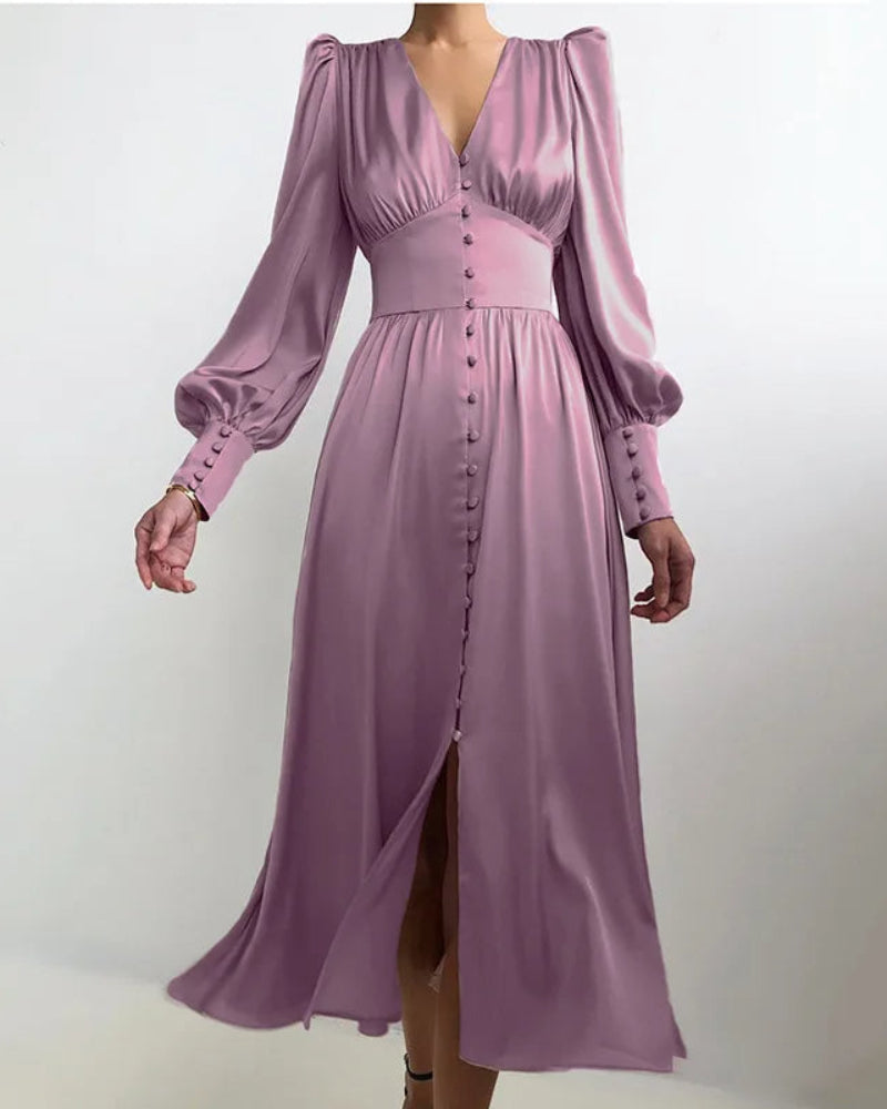 Women's relaxed V-neck races maxi dress with lantern sleeves, perfect for special occasions.