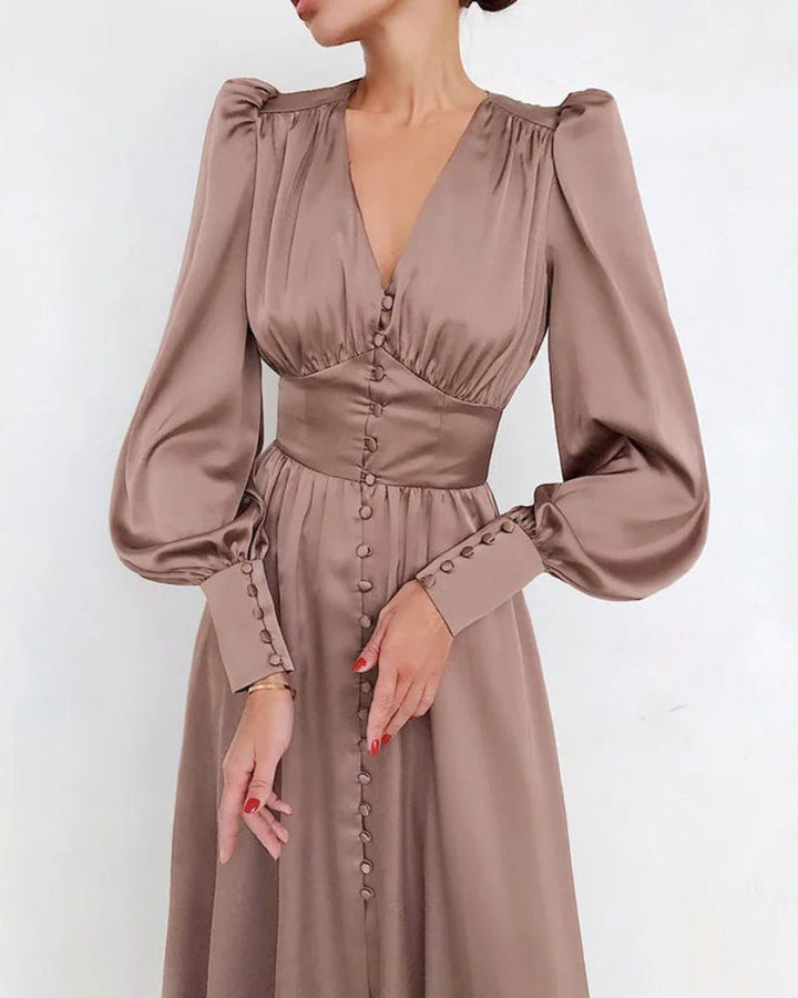 Stylish & comfortable women's relaxed fit V-neck maxi dress with elegant lantern sleeves.