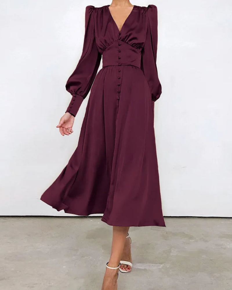 Chic women's V-neck party maxi dress with dramatic lantern sleeves, perfect for evening wear.