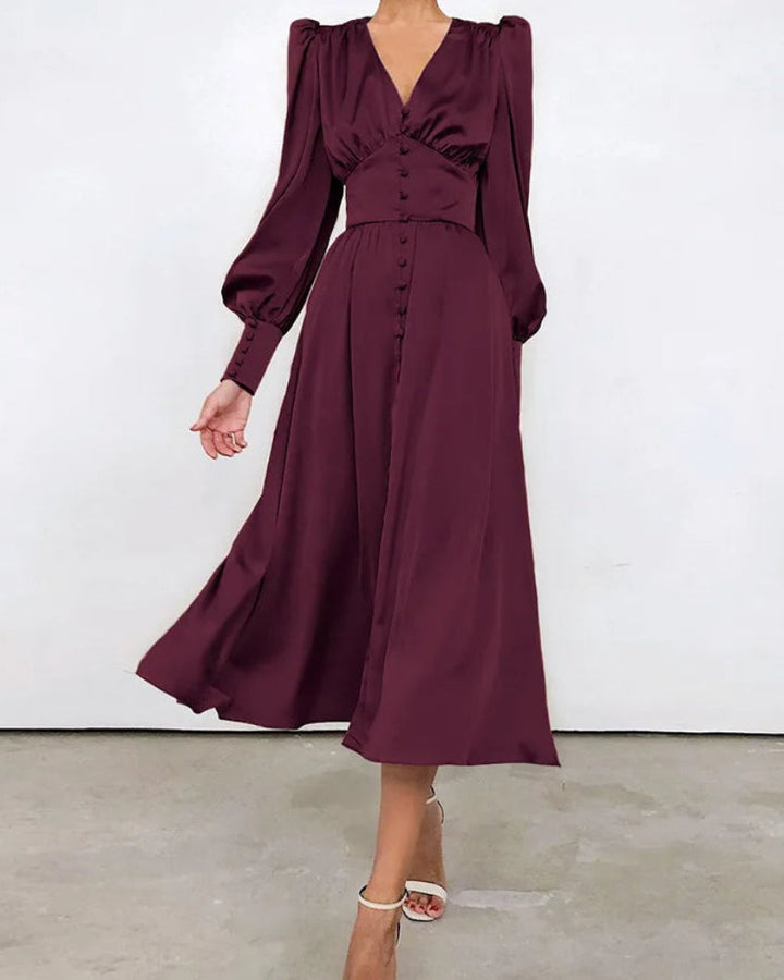 Chic women's V-neck party maxi dress with dramatic lantern sleeves, perfect for evening wear.