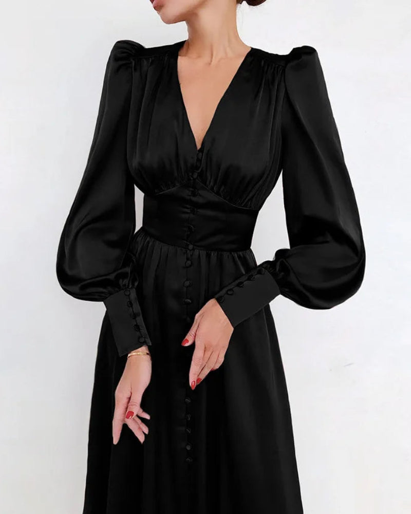 Graceful women's special occasion V-neck maxi dress with unique lantern sleeves & relaxed fit.