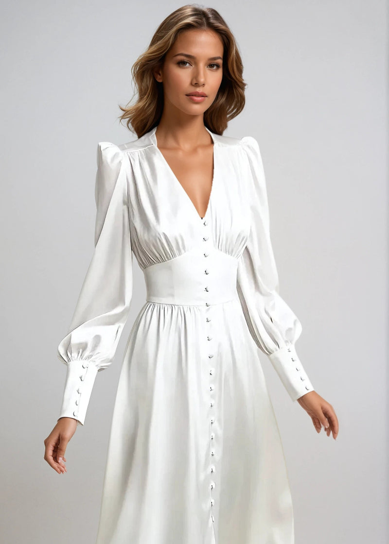 Relaxed yet elegant women's V-neck maxi dress with stylish lantern sleeves, great for any event.