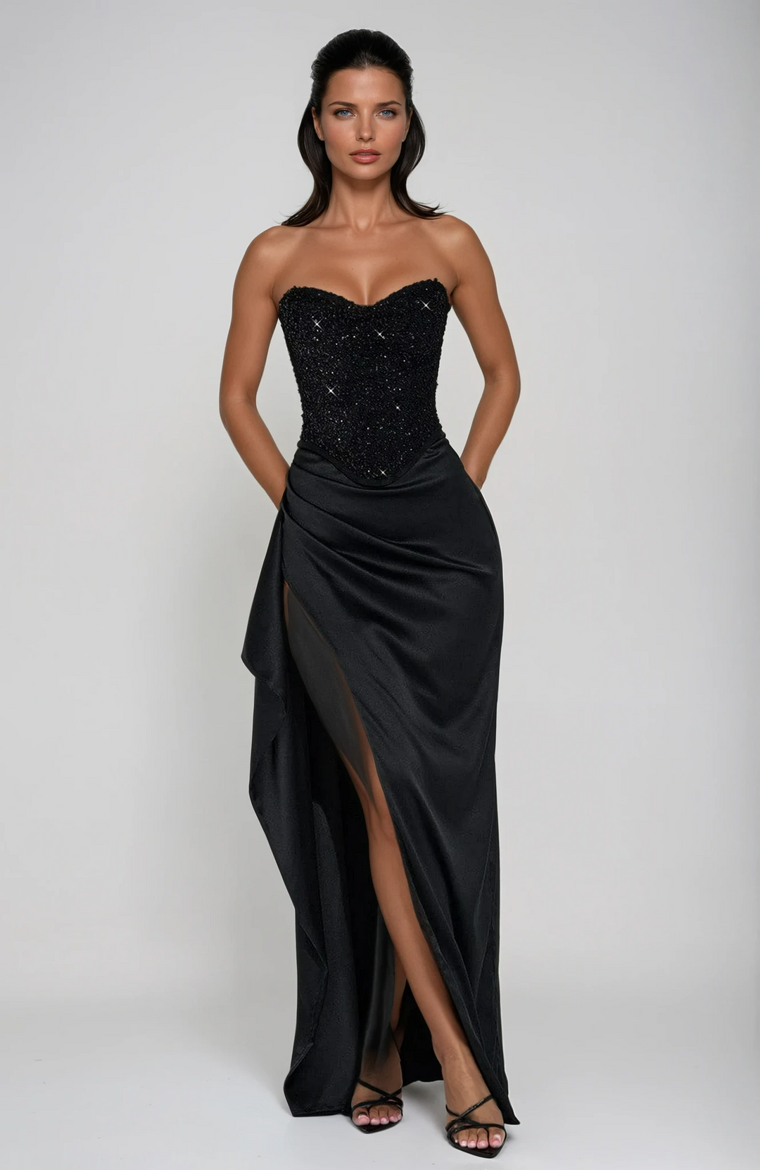 Emrielle black and white beaded corset maxi evening dress with side split