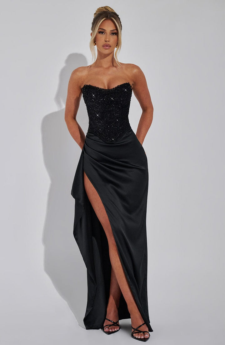 Full-length Emrielle maxi dress featuring intricate beadwork and corset bodice
