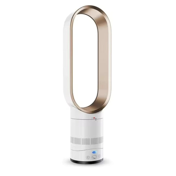 Elegant gold bladeless tower fan for modern home comfort and quiet air circulation.