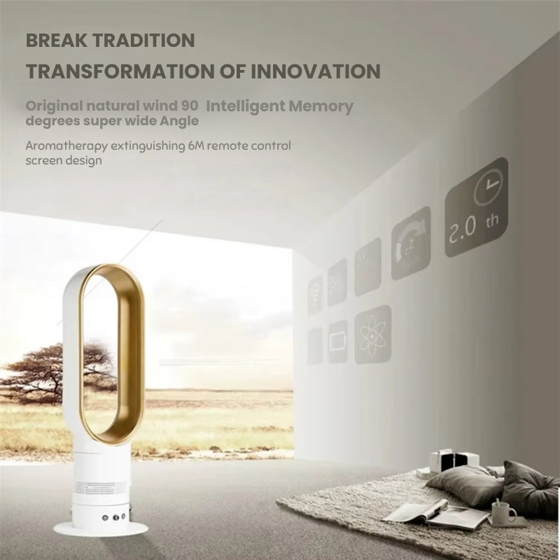 Sleek silver bladeless tower fan, ideal for safe, quiet, and energy-efficient air circulation.