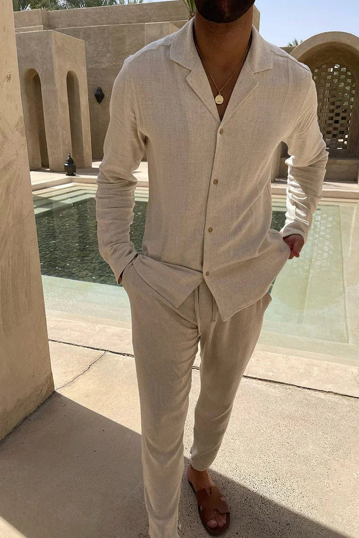 Men's beige Cuban collar long sleeve shirt & matching pants set. Ideal for resort wear & summer travel.