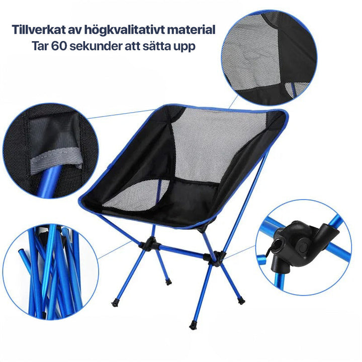 Outdoor travel chair, lightweight folding design for camping, beach, and garden use.