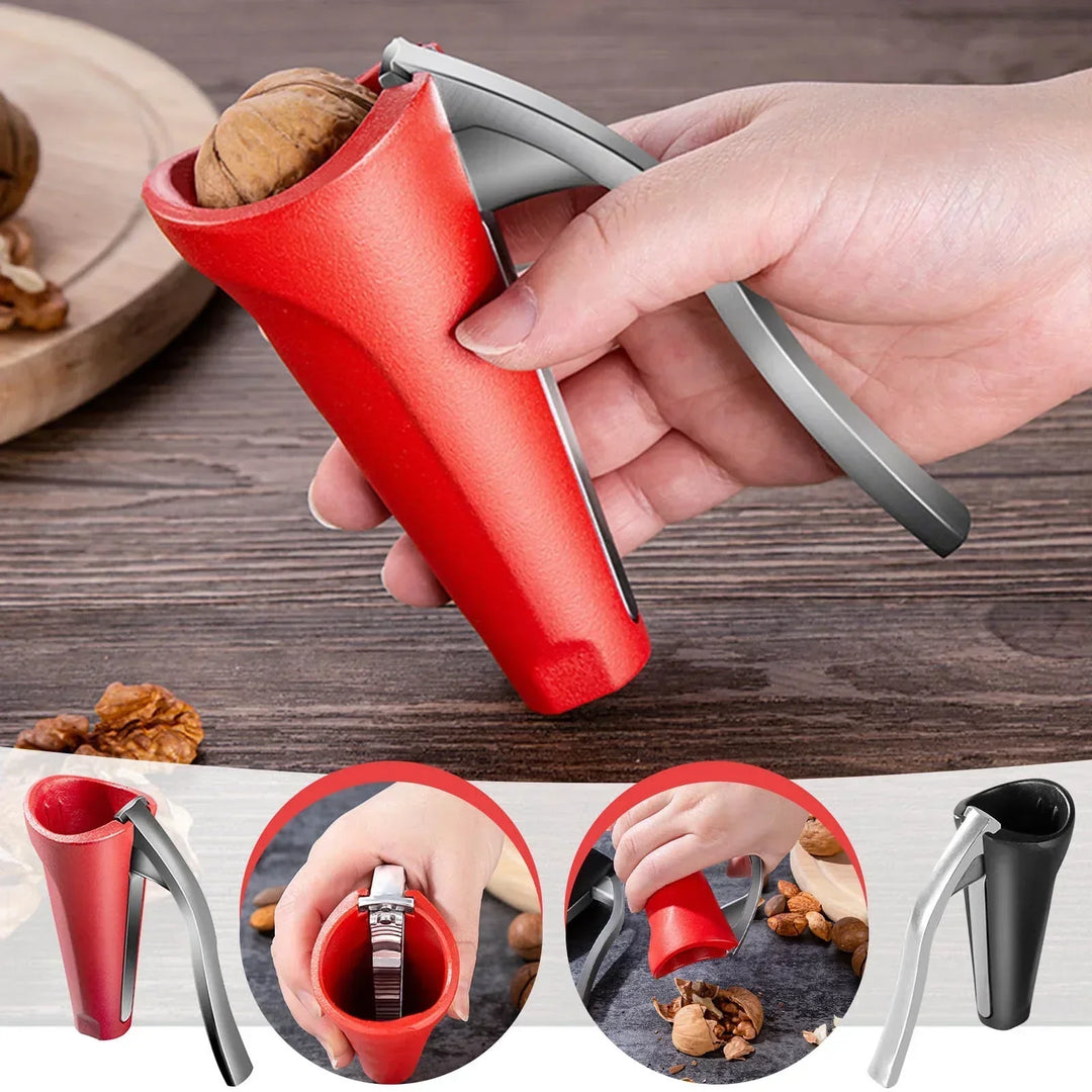 Durable aluminum ergonomic nut cracker, perfect handheld kitchen tool for easy walnut & hazelnut cracking.