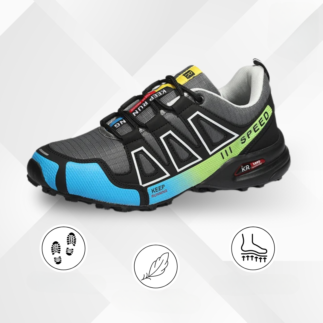 All-terrain hiking shoes, water-resistant & ergonomic, offering robust support for trail walking.