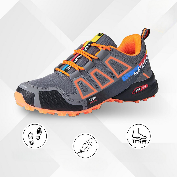 Side view of ergonomic outdoor footwear, TrailStep design, with comfort cushioning & sturdy sole.