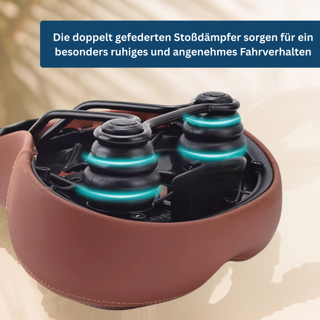 Shock-absorbing brown bike seat. Ergonomic design for ultimate comfort during outdoor cycling adventures.