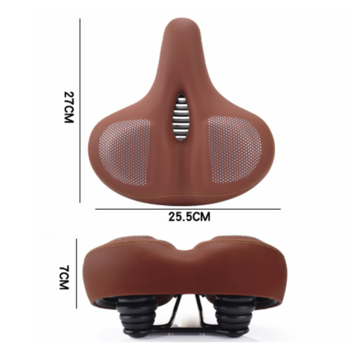 Ergonomic bicycle saddle in brown, designed for comfortable, durable, and shock-absorbing outdoor cycling.