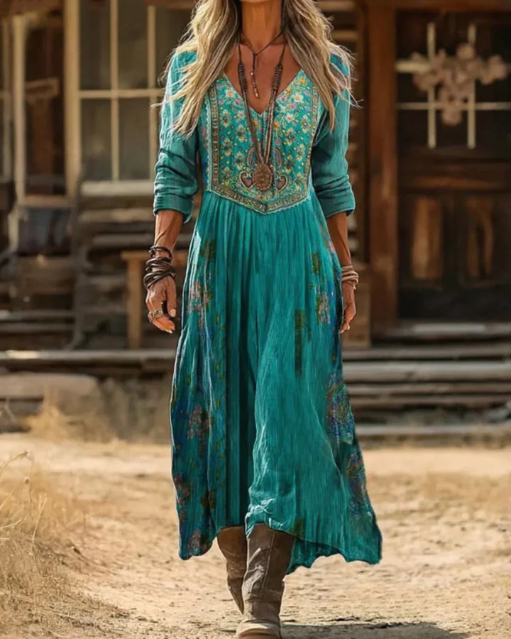 Esmeralda | Women's Embroidered V Neck Maxi Dress - Teal - Image 1