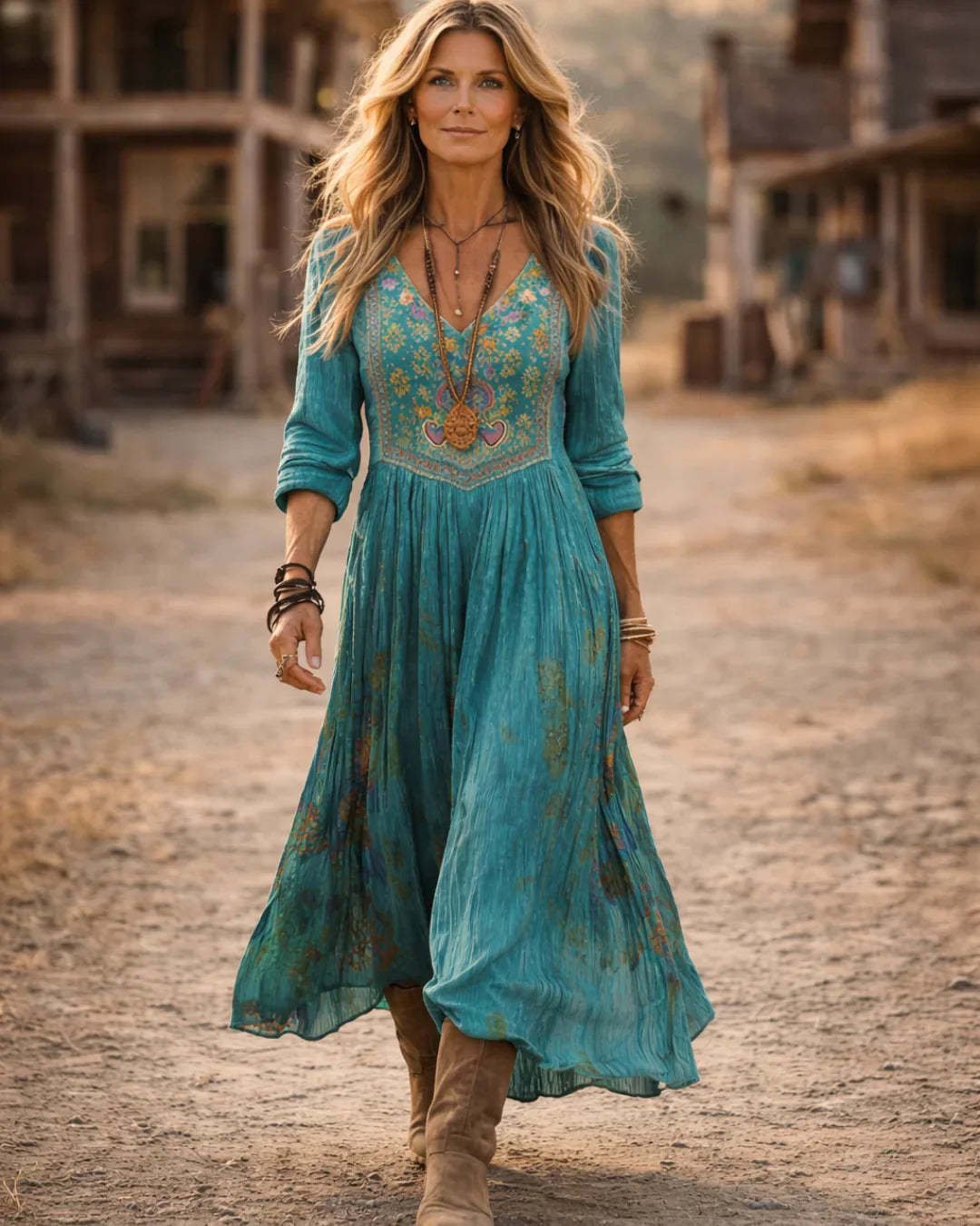 Esmeralda | Women's Embroidered V Neck Maxi Dress - Teal - Image 2