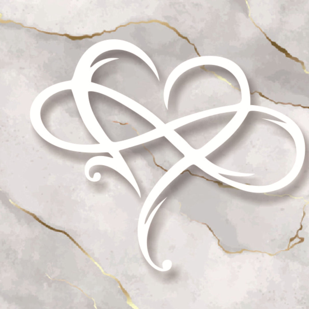 Polished stainless steel Eternal Love wall art, sophisticated metal decor for a stylish home.