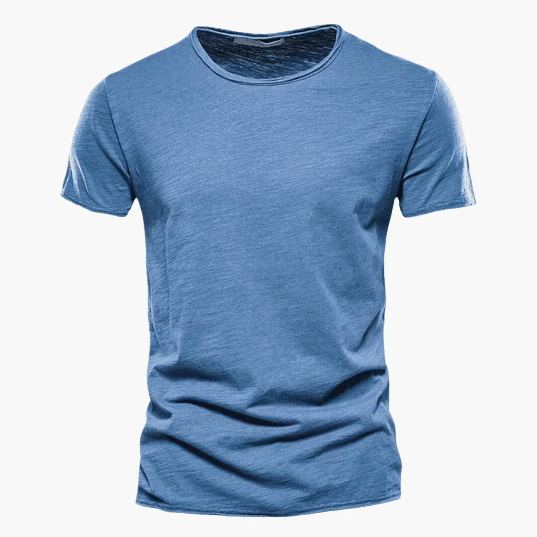 Men's elegant raw-edge crew neck t-shirt in a relaxed fit. Casual & comfortable short sleeve top for everyday wear.