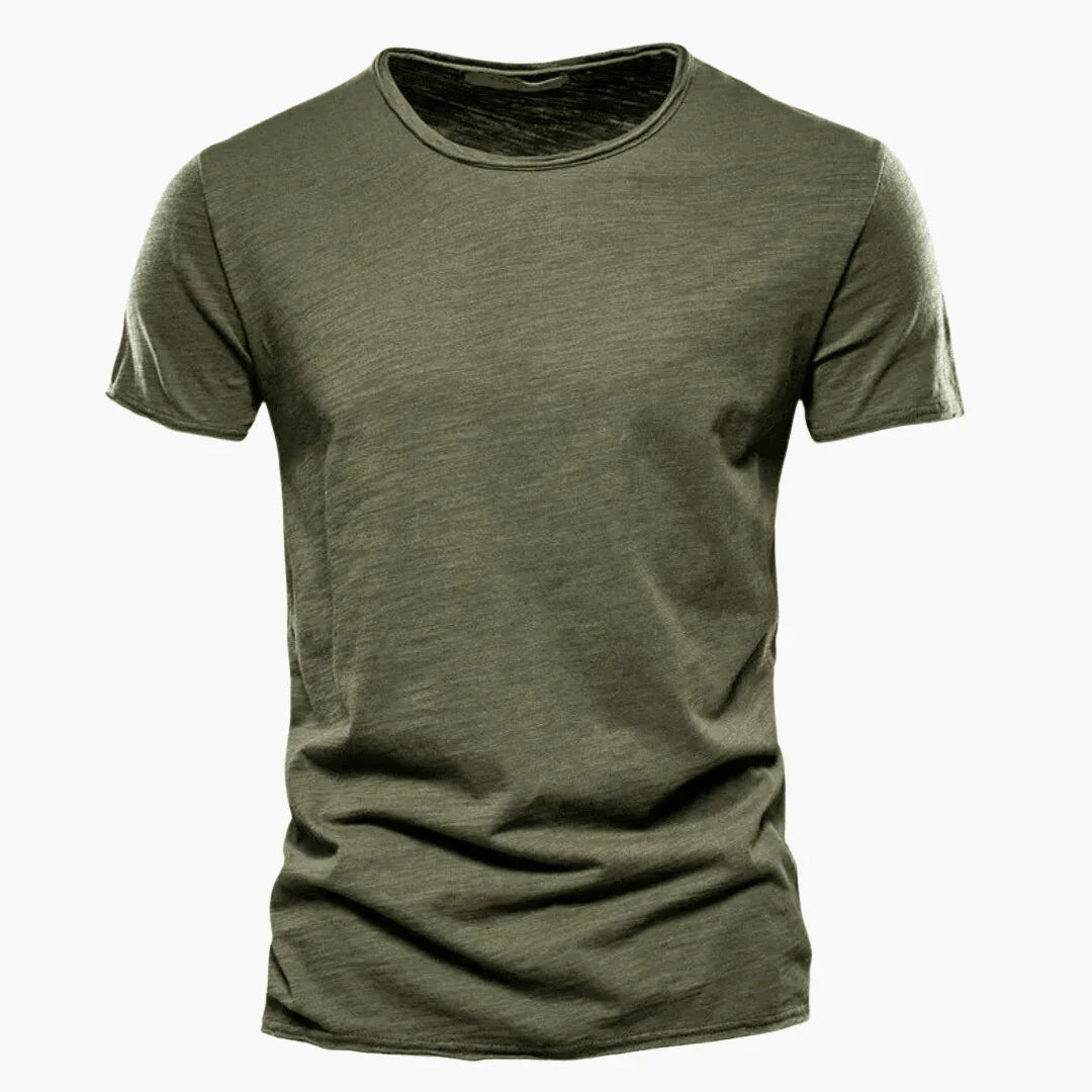 Versatile men's raw-edge crew neck t-shirt. Perfect for casual comfort, relaxed fit & summer style.