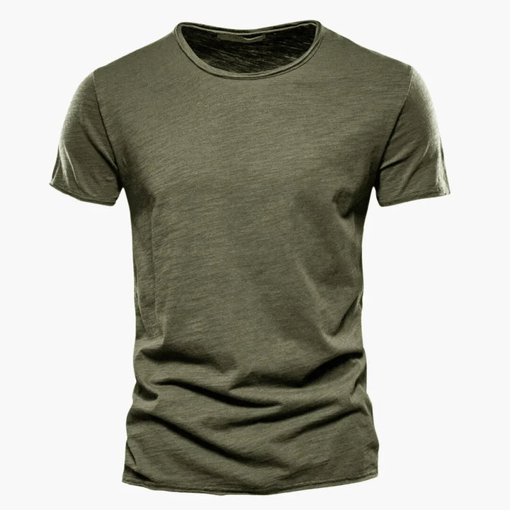 Versatile men's raw-edge crew neck t-shirt. Perfect for casual comfort, relaxed fit & summer style.