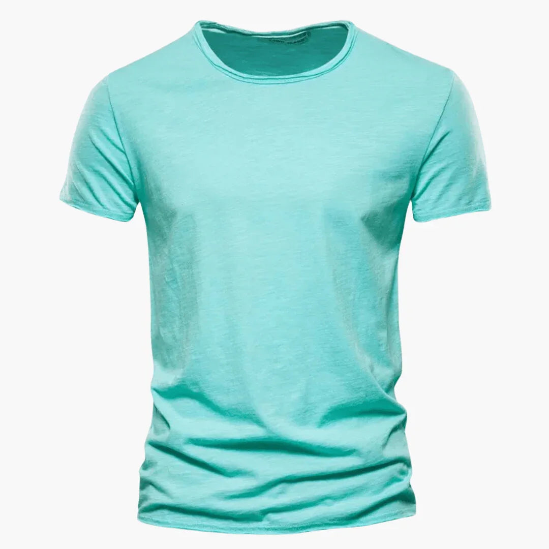 Elegant men's raw-edge crew neck t-shirt. A comfortable, versatile short sleeve top for casual summer fashion.