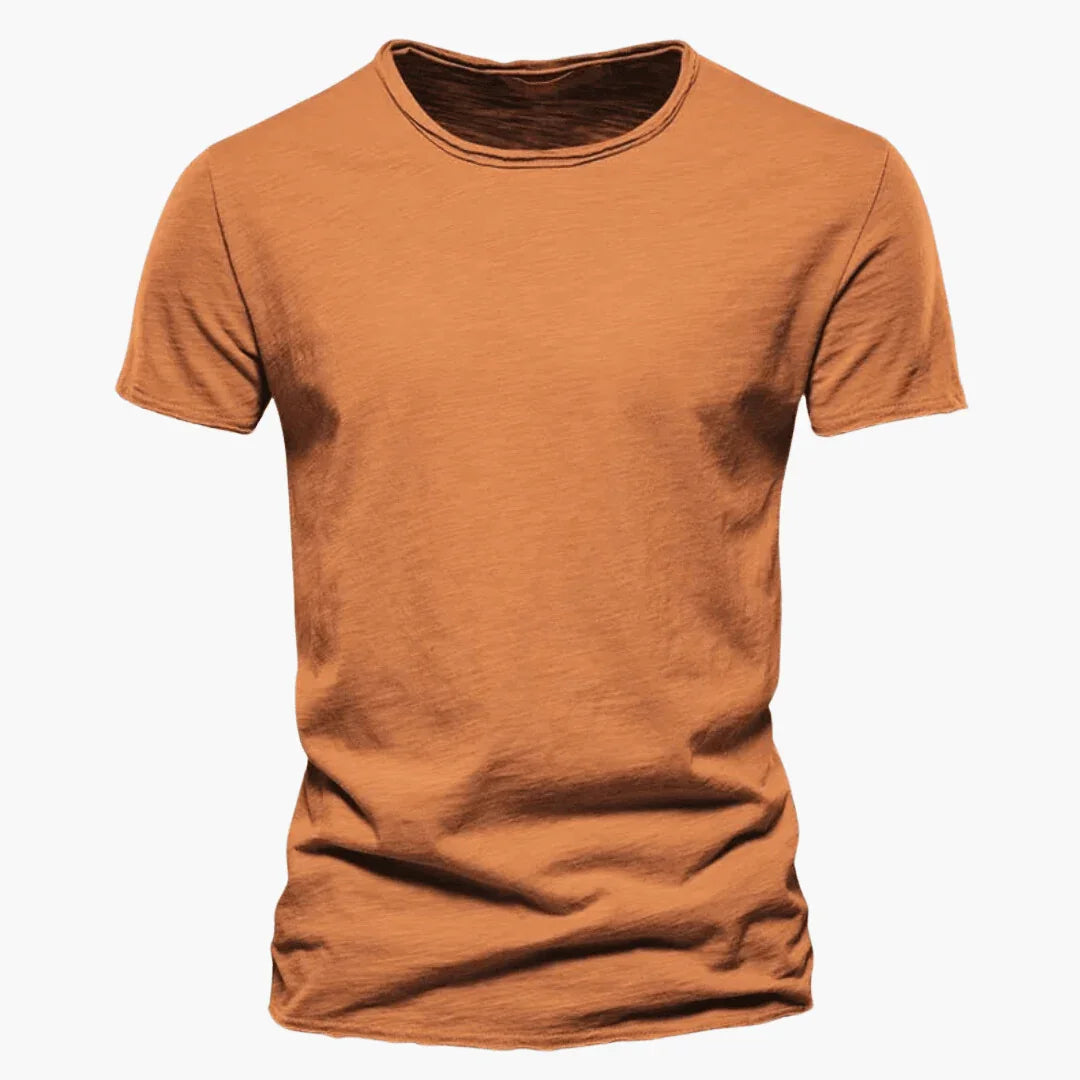 Comfortable men's short sleeve t-shirt. Features a raw-edge crew neck for versatile, casual summer fashion.