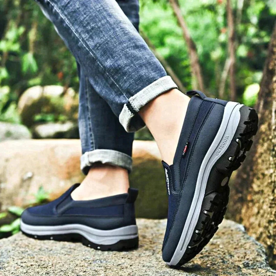Black men's comfortable walking shoes with slip-on design, providing excellent orthopedic foot support.