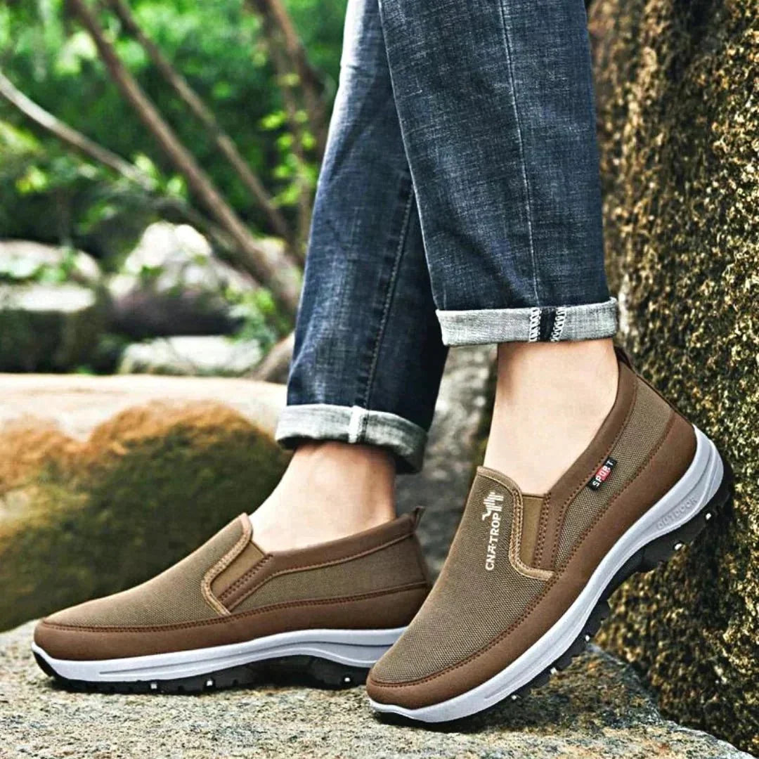 Khaki men's casual footwear, easy slip-on style with advanced orthopedic support for active comfort.