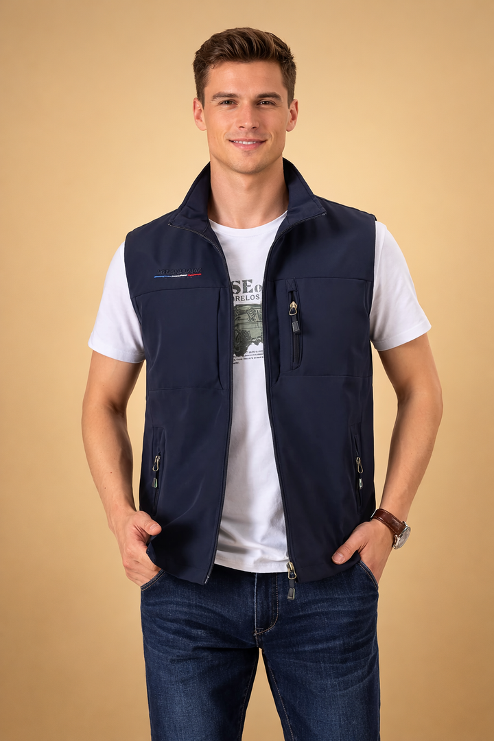 Versatile men's utility vest, a sleeveless jacket with secure zip pockets, great for hiking, fishing, or daily wear.