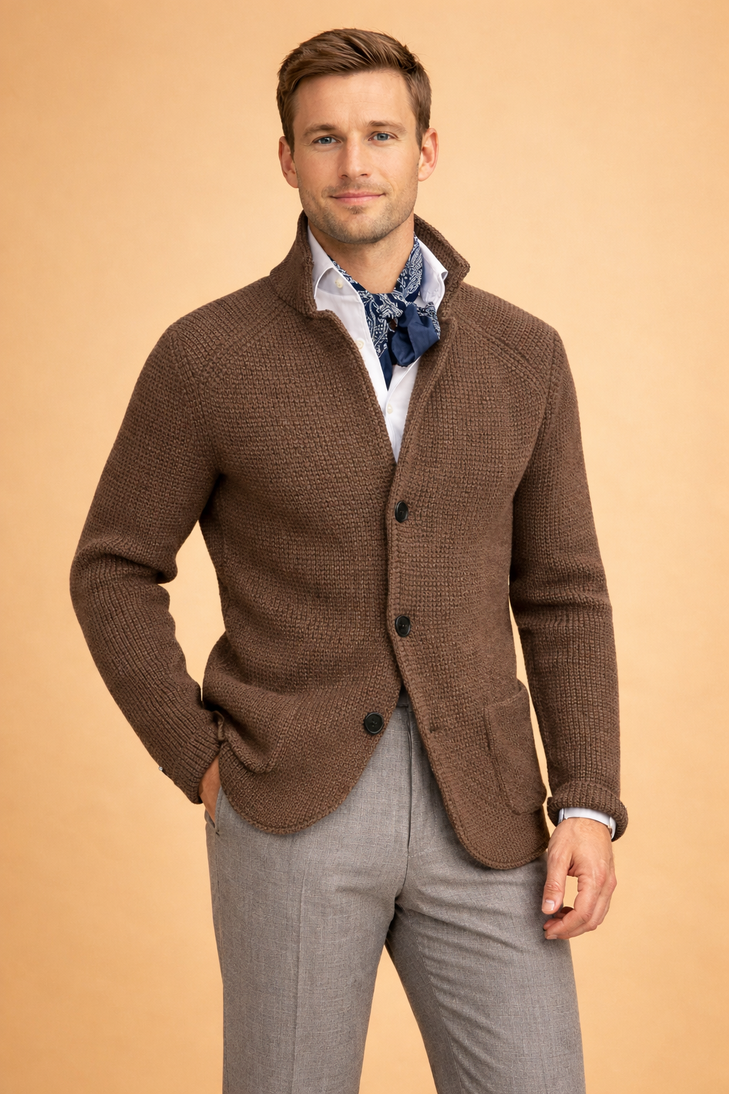 Warm men's button-up cardigan, a modern fit staple for versatile everyday layering.