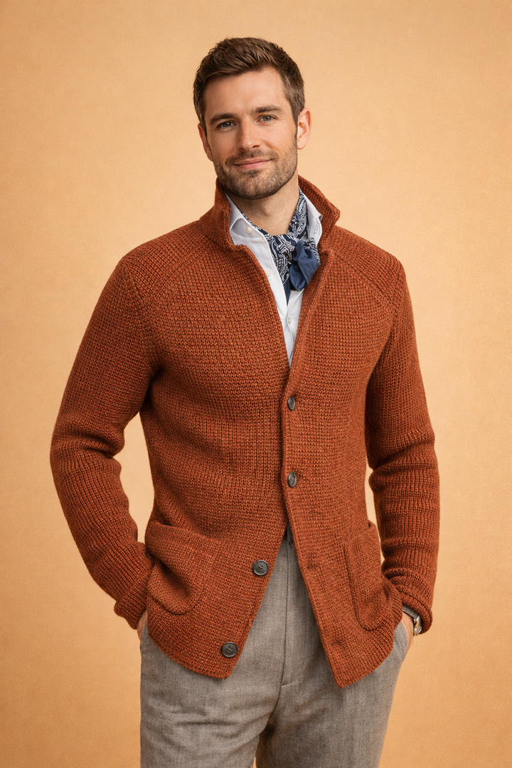 Comfortable men's button-up knit cardigan, a versatile smart casual top for winter.