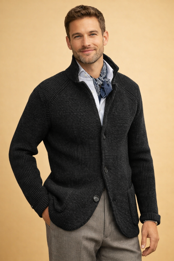 Stylish men's knit cardigan with buttons, ideal for smart casual layering and warmth.