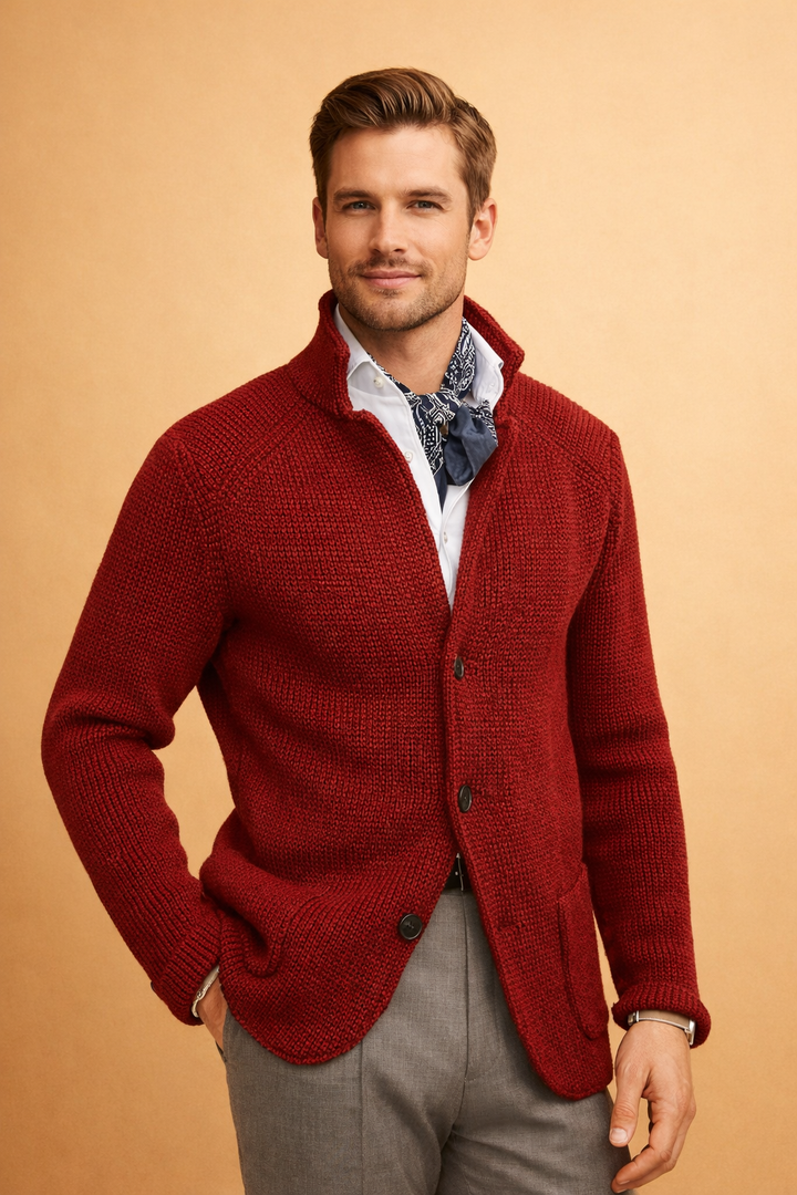 Fall fashion men's knit cardigan, button-up style for smart casual comfort and warmth.